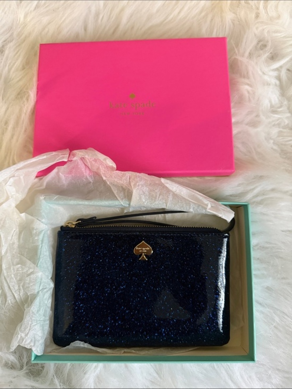 kate spade navy glitter bug wristlet pouch with gold spade logo